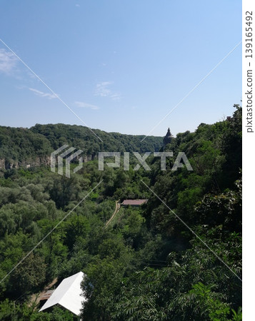 Lush Green Park View with Trees and Cityscape Under Clear Blue Sky 139165492