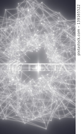 Luminous white network structure forming a circular portal with connected points on a soft gray abstract background. 139165522