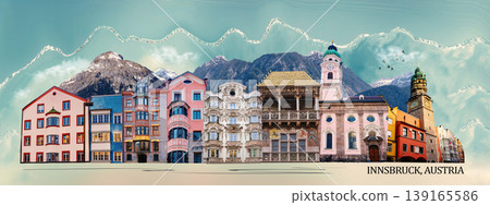 Historic facades at old street of Innsbruck view, alpine city in Tirol, region of Austria -art collage Historic facades at old street of Innsbruck view, alpine city in Tirol, region of Austria -art collage 139165586