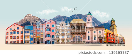 Historic facades at old street of Innsbruck view, alpine city in Tirol, region of Austria -art collage Historic facades at old street of Innsbruck view, alpine city in Tirol, region of Austria -art collage 139165587