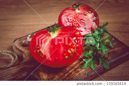 sliced tomato, on a wooden chopping board, food background, no people, sliced tomato, on a wooden chopping board, food background, no people, 139165619