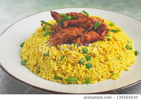 crispy chicken fillet in soy sauce, with fried rice, homemade, no people, crispy chicken fillet in soy sauce, with fried rice, homemade, no people, 139165630