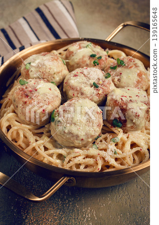 spaghetti with chicken meatballs, with cream sauce, and parmesan cheese, and decorated with microgreens, homemade, no people, 139165648
