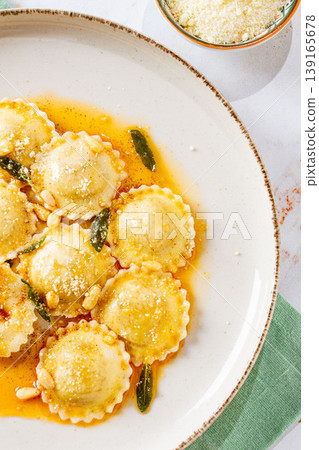 ravioli with butter and sage, Italian dish, top view, no people, ravioli with butter and sage, Italian dish, top view, no people, 139165678