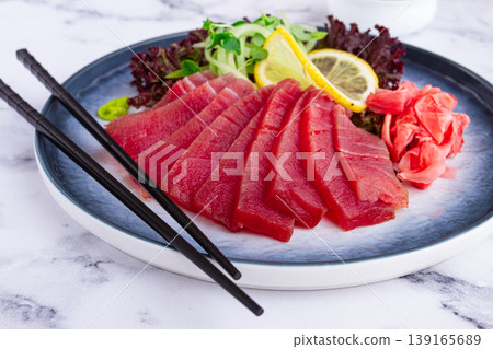 tuna sashimi, with side dish, on a marble table, homemade, no people, 139165689