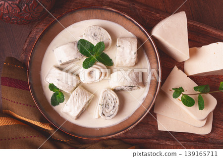 Gebjalia, a traditional Georgian dish, cold appetizer of cheese with mint, Megrelian cuisine, Gebjalia, a traditional Georgian dish, cold appetizer of cheese with mint, Megrelian cuisine, 139165711