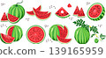 en this high quality vector collection includes images of whole watermelons slices and circles along with elements featuring stems and flowers. it features a unique triangular slice with a heart cutou 139165959