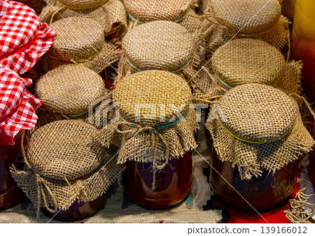 Homemade jam jars in pantry Homemade jam jars in pantry 139166012