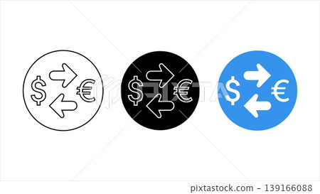 Minimalist currency exchange icon set with dollar and euro symbols in white, black, and blue vector graphics isolated on white background Minimalist currency exchange icon set with dollar and euro symbols in white, black, and blue vector graphics isolated on white background 139166088
