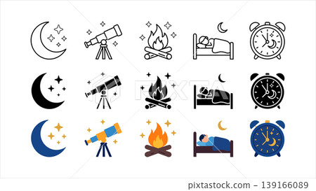 Dark mode night icon set with moon stars telescope campfire sleeping and alarm clock symbols in outline solid and colorful design styles isolated on white background Dark mode night icon set with moon stars telescope campfire sleeping and alarm clock symbols in outline solid and colorful design styles isolated on white background 139166089