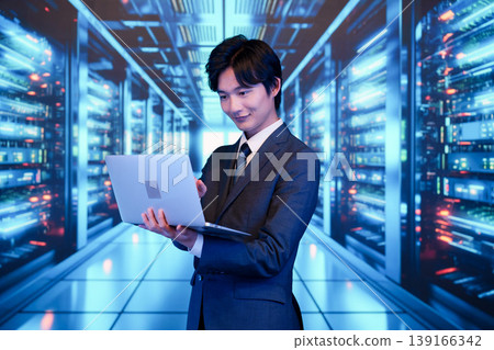 一名男子在數據中心使用筆記型電腦。 一名男子在數據中心使用筆記型電腦。 139166342