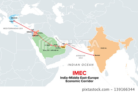 IMEC, India-Middle East-Europe Economic Corridor, political map. Planned infrastructure route from India to Europe through the United Arab Emirates, Saudi Arabia, Jordan, Israel, and Greece. Vector IMEC, India-Middle East-Europe Economic Corridor, political map. Planned infrastructure route from India to Europe through the United Arab Emirates, Saudi Arabia, Jordan, Israel, and Greece. Vector 139166344