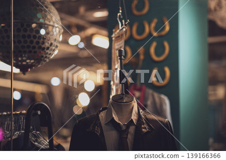 復古風格精品店裡,男裝搭配展示在模特兒身上。 復古風格精品店裡,男裝搭配展示在模特兒身上。 139166366