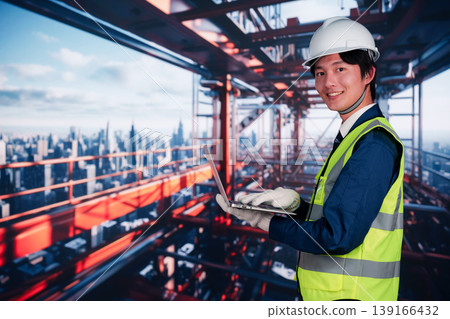 A man working at a construction site for a skyscraper. A man working at a construction site for a skyscraper. 139166432