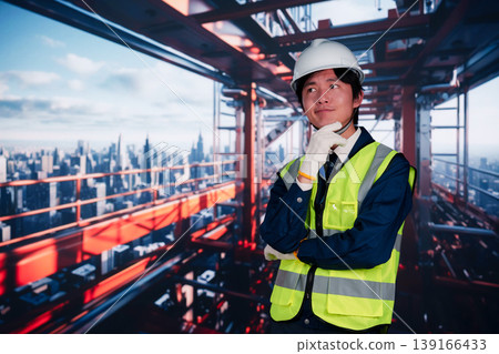 一名男子正在摩天大樓的建築工地工作。 一名男子正在摩天大樓的建築工地工作。 139166433