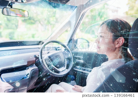 A woman driving a self-driving car hands-free. A woman driving a self-driving car hands-free. 139166461