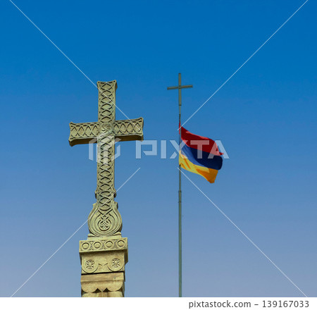 Religious cross and Armenian flag on sky 139167033