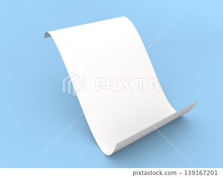 White paper sheet displayed on blue background in an upright position with slight curve 139167201