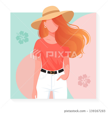 Beautiful redhead woman in straw hat summer fashion portrait vector illustration. Beautiful redhead woman in straw hat summer fashion portrait vector illustration. 139167283