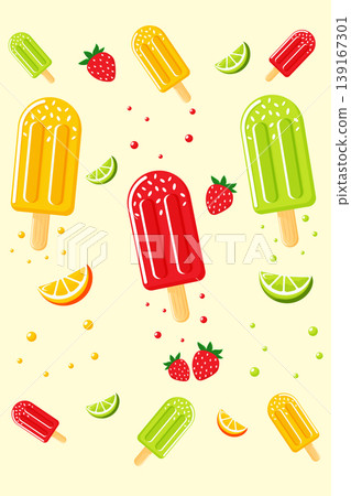 Colorful ice cream bars with lime and strawberry elements vector illustration. Colorful ice cream bars with lime and strawberry elements vector illustration. 139167301