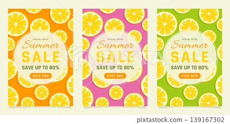 Summer sale vertical banners with lemon fruit pattern vector illustration. Summer sale vertical banners with lemon fruit pattern vector illustration. 139167302