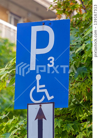 Disable parking spot sign on street 139167313