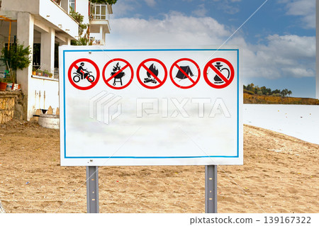 Sign for restrictions on public sea beach in Edirne Turkey 139167322