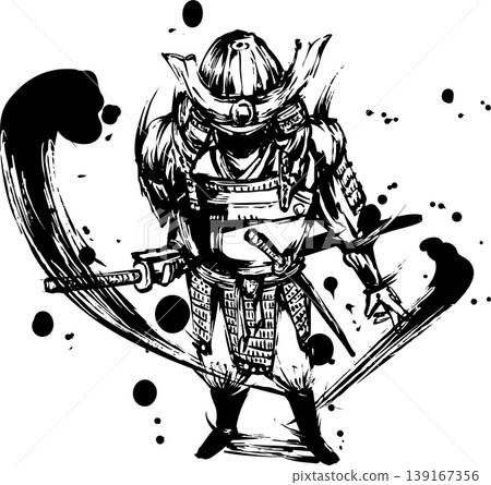 這是一幅以俯視視角描繪身穿盔甲的武士的水墨畫。 139167356