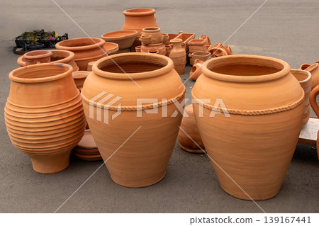Handmade earth ware pots outside Handmade earth ware pots outside 139167441