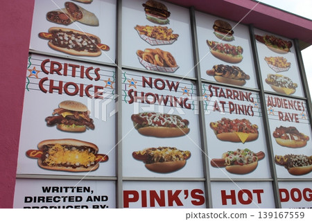 Los Angeles Hollywood Boulevard and Star-shaped plaque tourist scenery, American West Coast streetscape, hot dogs, junk food 139167559