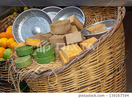 Organic soaps in rattan basket sold outside Organic soaps in rattan basket sold outside 139167594