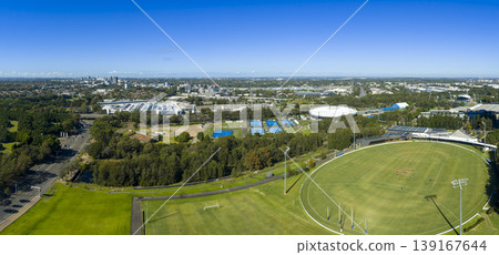 Aerial photograph of Tom Willis Oval and buildings in Sydney Olympic Park Aerial photograph of Tom Willis Oval and buildings in Sydney Olympic Park 139167644