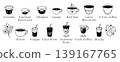 Various coffee types, black line icon set. Vector monochrome signs. Cortado, Cold Brew, Filter Coffee, Affogato, Red Eye, Irish Coffee, Mocha, Espresso Macchiato, Breve, Espresso Tonic, Frappe, etc. 139167765