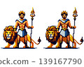 Pixel art character mythological ruler wearing a crown, white and blue garment, golden belt, holding a trident, standing beside a lion on a white background. 139167790