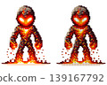 Pixel art character fiery humanoid made of molten lava with a glowing core and charred edges, standing on a white background 139167792