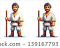 Pixel art character wanderer with dark hair and a beard, wearing a white tunic with a brown belt, light pants, brown boots, holding a wooden staff and standing on a white background. 139167793