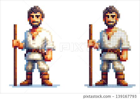 Pixel art character wanderer with dark hair and a beard, wearing a white tunic with a brown belt, light pants, brown boots, holding a wooden staff and standing on a white background. Pixel art character wanderer with dark hair and a beard, wearing a white tunic with a brown belt, light pants, brown boots, holding a wooden staff and standing on a white background. 139167793