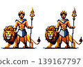 Pixel art character mythological ruler wearing a crown, white and blue garment, golden belt, holding a trident, standing beside a lion on a white background. 139167797