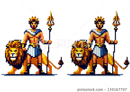 Pixel art character mythological ruler wearing a crown, white and blue garment, golden belt, holding a trident, standing beside a lion on a white background. Pixel art character mythological ruler wearing a crown, white and blue garment, golden belt, holding a trident, standing beside a lion on a white background. 139167797