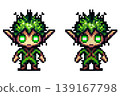 Pixel art character forest elf with large pointed ears, glowing green eyes, leaf like green hair, and green brown clothing, standing on a white background. 139167798