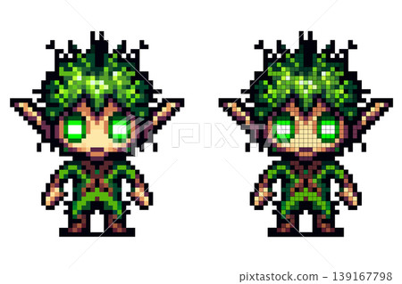 Pixel art character forest elf with large pointed ears, glowing green eyes, leaf like green hair, and green brown clothing, standing on a white background. 139167798