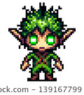Pixel art character forest elf with large pointed ears, glowing green eyes, leaf like green hair, and green brown clothing, standing on a white background. 139167799