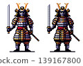 Pixel art character samurai in traditional gray gold armor, wearing a helmet with golden horns, holding a sword in the right hand with the other hand near the hilt of another weapon, standing on a 139167800