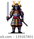 Pixel art character samurai in traditional gray gold armor, wearing a helmet with golden horns, holding a sword in the right hand with the other hand near the hilt of another weapon, standing on a 139167801