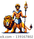 Pixel art character mythological ruler wearing a crown, white and blue garment, golden belt, holding a trident, standing beside a lion on a white background. 139167802