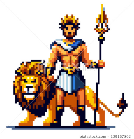 Pixel art character mythological ruler wearing a crown, white and blue garment, golden belt, holding a trident, standing beside a lion on a white background. 139167802