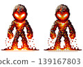 Pixel art character fiery humanoid made of molten lava with a glowing core and charred edges, standing on a white background 139167803