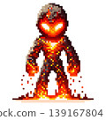 Pixel art character fiery humanoid made of molten lava with a glowing core and charred edges, standing on a white background 139167804