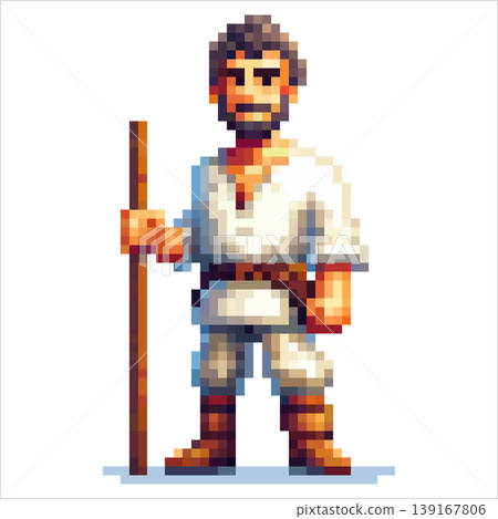 Pixel art character wanderer with dark hair and a beard, wearing a white tunic with a brown belt, light pants, brown boots, holding a wooden staff and standing on a white background. Pixel art character wanderer with dark hair and a beard, wearing a white tunic with a brown belt, light pants, brown boots, holding a wooden staff and standing on a white background. 139167806