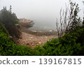Rocky beach coastline disappearing into thick ocean fog 139167815